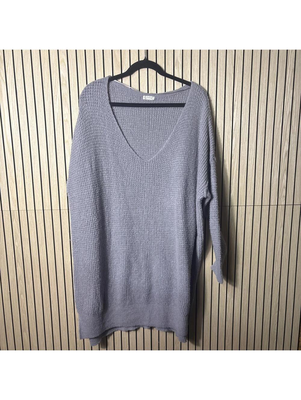 070 Free People Intimately Oversized Waffle Knit V-Neck Sweater (XS/S, Gray,EUC)